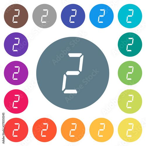 digital number two of seven segment type flat white icons on round color backgrounds photo