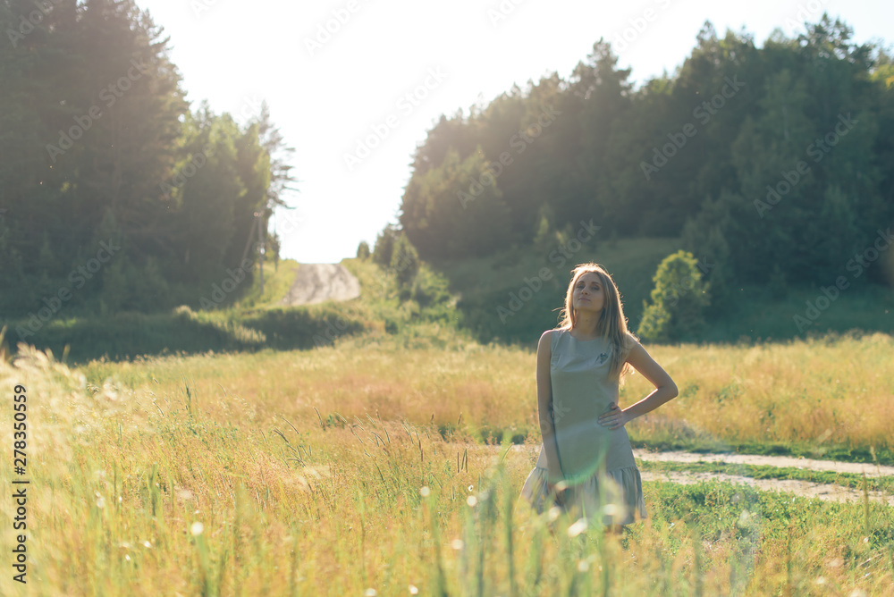 girl in a gray dress in the summer on the nature at sunset girl in a gray dress in the summer on the nature at sunset