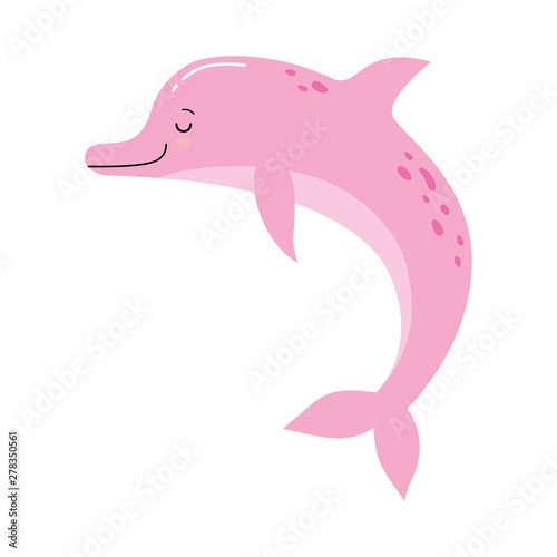 Vector cute illustration of a funny pink dolphin jumping fun on a white background