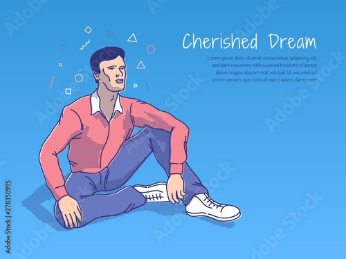 Dreamer man sits on the ground and looks at the distance with inspiration. The metaphor of the cherished dream