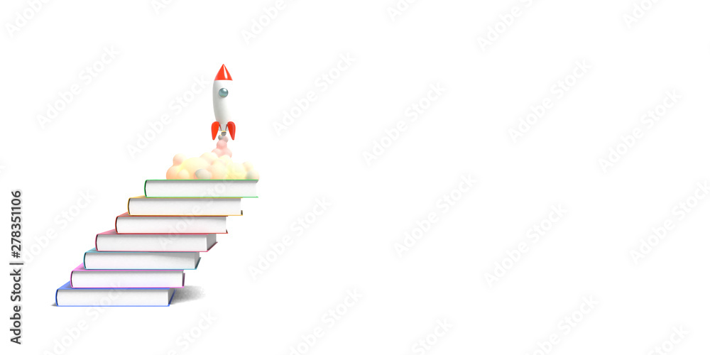 Toy rocket takes off from the books spewing smoke on a white background. Symbol of desire for education and knowledge. School illustration. 3D rendering. Toy rocket takes off from the books spewing smoke on a white background. Symbol of desire for education and knowledge. School illustration. 3D rendering.