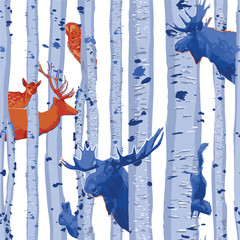 Stickers Berken patronen Bosdieren verstopt tussen berkenstammen  © Ekaterina Glazkova