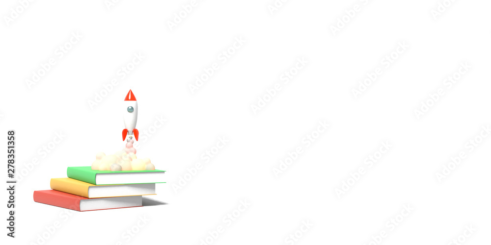 Toy rocket takes off from the books spewing smoke on a white background. Symbol of desire for education and knowledge. School illustration. 3D rendering.