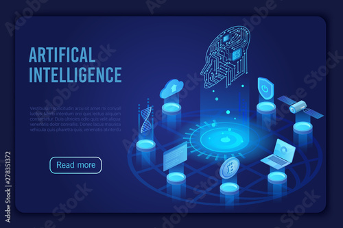 Artificial intelligence dark neon light landing page isometric vector template. Futuristic innovation, cloud computing server. Datacenter, database website homepage 3d layout.