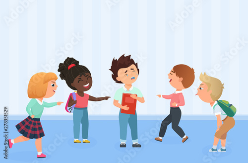 Problem of kids bullying at school. Multiracial boys and girls humiliate, offend, tease, gossip, force, threat, intimidate or aggressively dominate others.
