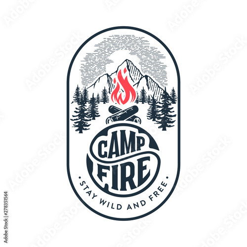 Campfire stay wild oval white Vector illustration.