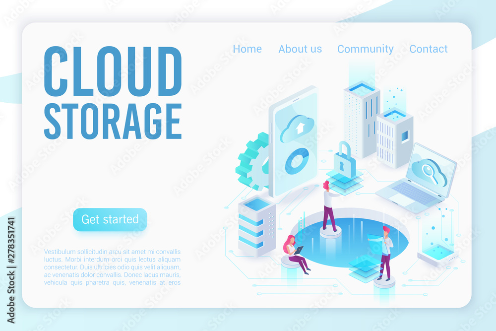 Cloud storage soft light isometric vector landing page template. Data ...