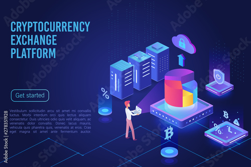 Cryptocurrency exchange platform dark ultraviolet light landing page vector template. Bitcoin financial transactions. Crypto mining, blockchain 3d concept. Crypto currency market