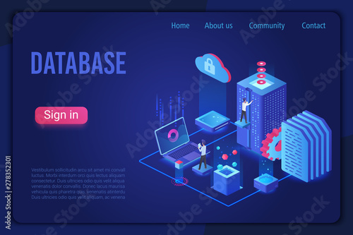 Database landing page dark neon light isometric vector template. Internet of things, data server storage 3d web banner. Telecommunication, cloud computing service website homepage.