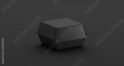 Blank black burger box mockup, side view, 3d rendering. Empty dark fast food takeout wrapping mockup for snack. Clear portable eco-friendly boxed packaging for delivery template.