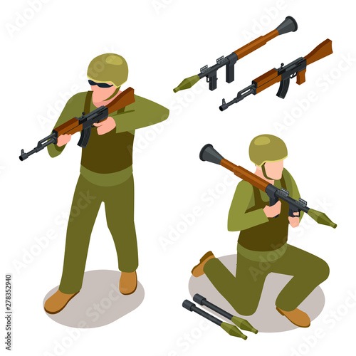 Special forces soldiers and military weapons isometric vector isolated on white background. Isometric soldier in uniform, armed combat, military infantry illustration