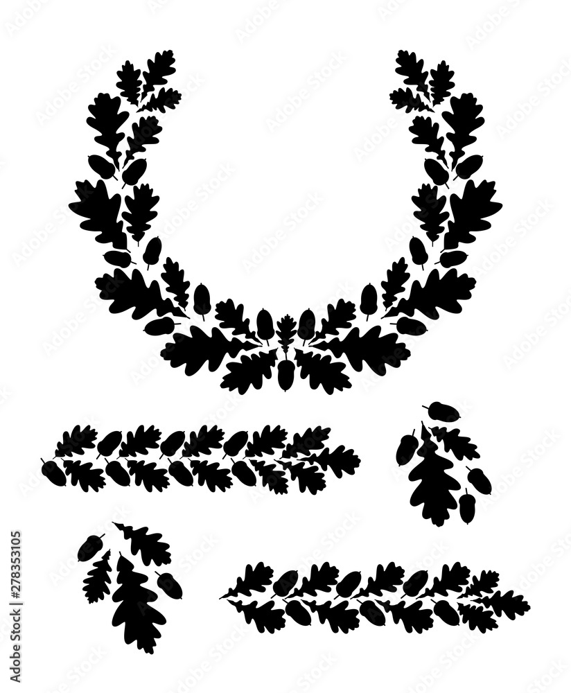 Oak leaf wreath.  Silhouette circular oak wreath. Vector illustration template. - obrazy, fototapety, plakaty 