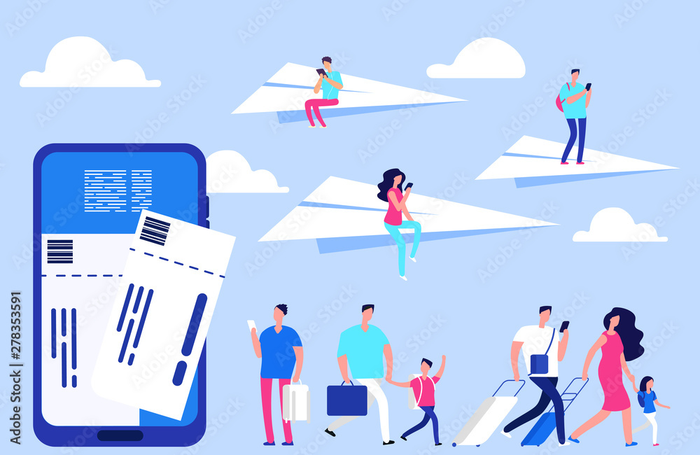 Vector online tickets concept. Travellers, smartphone with tickets, paper planes illustration. Smartphone online app for booking airplane flight Vector online tickets concept. Travellers, smartphone with tickets, paper planes illustration. Smartphone online app for booking airplane flight