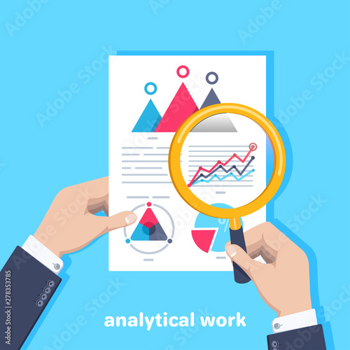 flat vector image on blue background, hands of a man in a business suit holding a sheet of paper with charts and a magnifying glass, analytics and finances