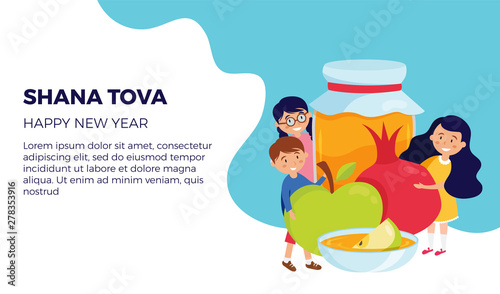 shana tova greeting card with happy kids holding rosh hashana symbols, appla, pomegranate and honey. Vector