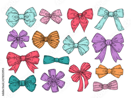 Color bows. Sketch fashion tie bow accessories hand drawn doodles tied ribbons. Retro isolated vector set. Illustration of tie bow, colored ribbon accessory to birthday and holiday