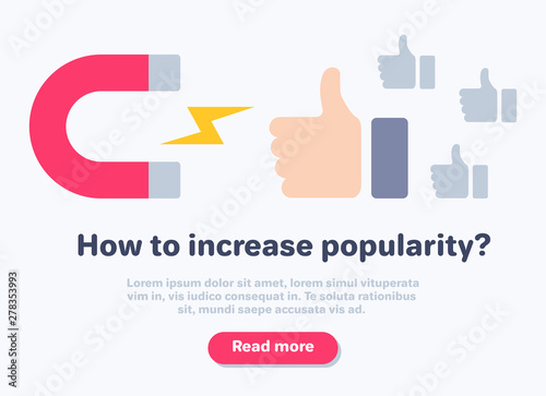 flat vector image on a white background in the form of a landing, a large magnet and icons of likes, increasing popularity in social networks