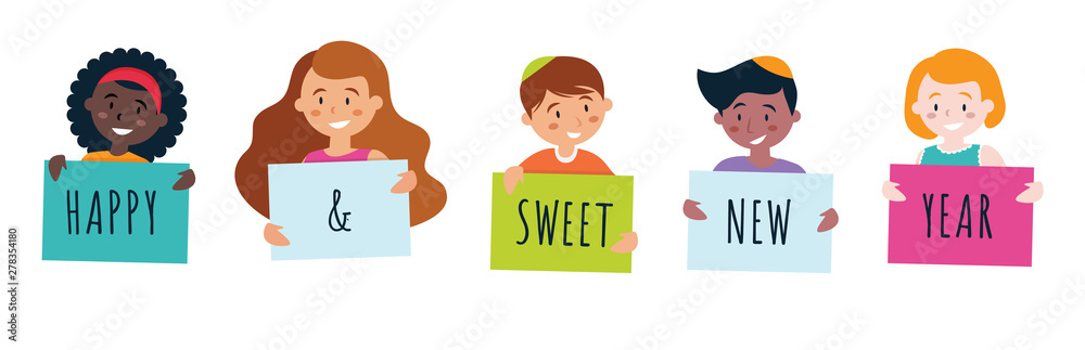 Kids holding signs saying: Happy & Sweet New year for rosh hashana. vector Kids holding signs saying: Happy & Sweet New year for rosh hashana. vector