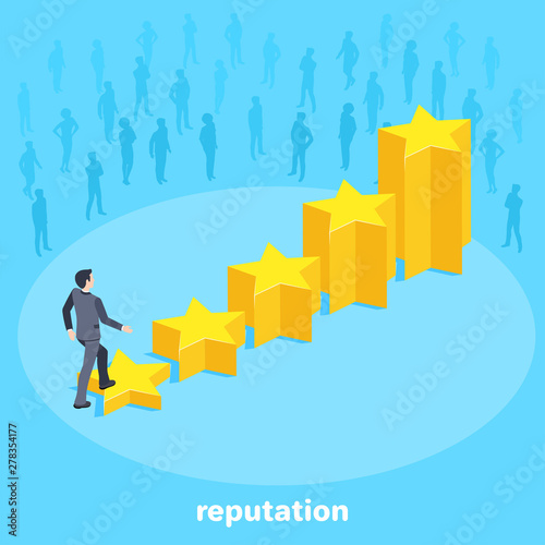 isometric vector image on a blue background, a man in a business suit rises on the growing diaogram from the stars to the top, the growth rating