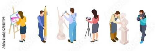 Isometric creative people vector. Artists, designer, videographer, sculptor isolated on white background. Sculptor work, people drawing, art hobby illustration