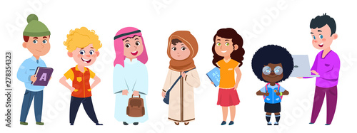 School kids vector. International students cartoon character isolated on white background. International school boy and girl illustration