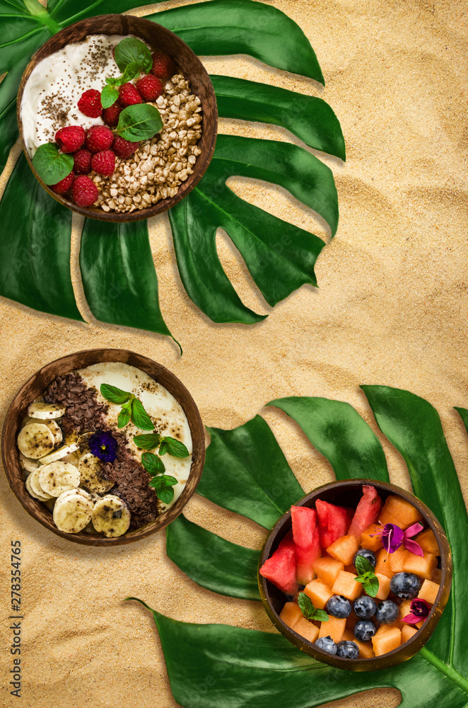 Vegan food in coconut bowls, zero waste