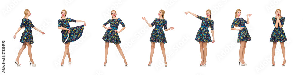 Fototapeta premium Woman in dark blue floral dress isolated on white