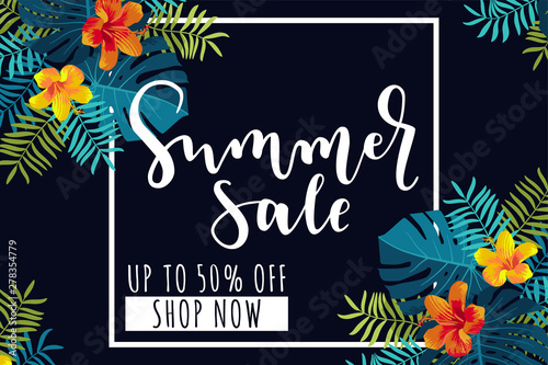 Summer Sale horizontal banner. Up to 50 per cent discount offer. Tropical design with monstera leaves and hibiscus flowers. Bright jungle vivid optimistic juicy colors. Bouncy lettering. Vector
