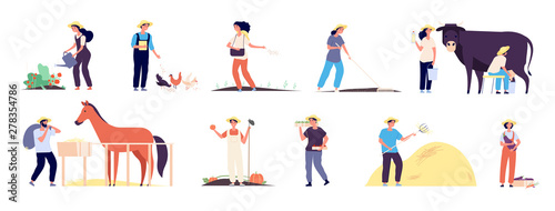 Farmer characters. People agricultural workers with farm animals cow chickens and horse. Farmers planting vegetables. Vector illustration