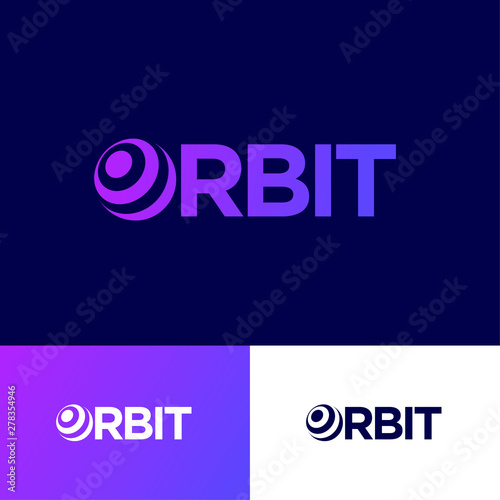 Orbit logo. Types and letter and O like a planet or sphere. Abstract space logo on different backgrounds. 3D imitation.