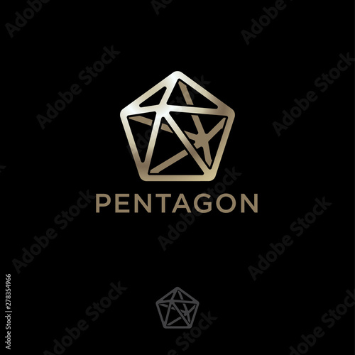 Polygonal crystal icon. Pentahedron logo. Five-pointed gold crystal and letters on a dark background.