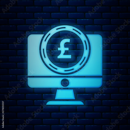 Glowing neon Computer monitor with pound sterling symbol icon isolated on brick wall background. Online shopping concept. Earnings in the Internet. Vector Illustration