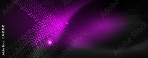 Shiny neon techno template. Neon lines background, 80s style laser rays