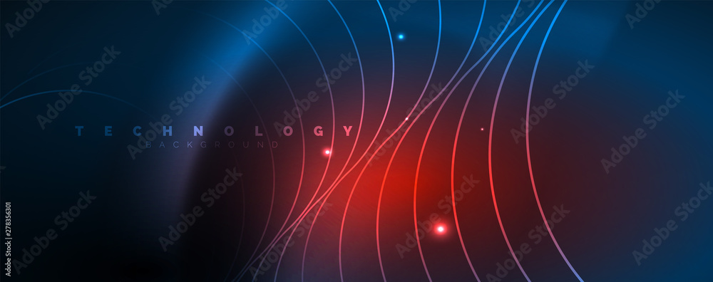 Fototapeta premium Trendy neon blue abstract design with waves and circles. Neon light glowing effect. Abstract digital background.