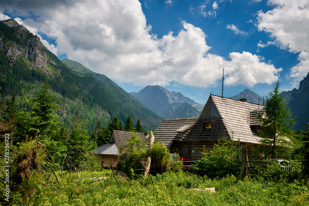 Summer landscape of Tatry mountains and woodan cottage.