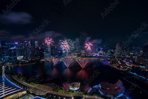 Aerial view of Singapore national day fireworks celebration at Marina Bay cityscape photo