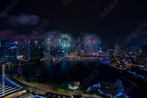 Aerial view of Singapore national day fireworks celebration at Marina Bay cityscape photo