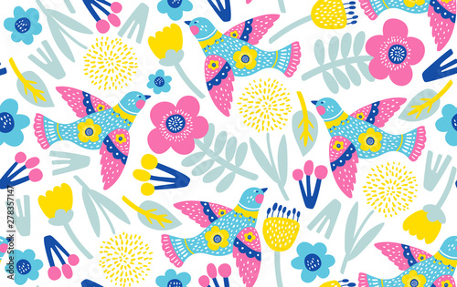 Seamless pattern with flowers and birds. Vector