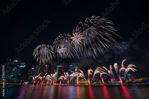 Singapore national day fireworks celebration at Marina Bay cityscape	 photo