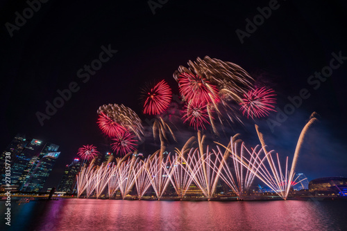 Singapore national day fireworks celebration at Marina Bay cityscape	 photo