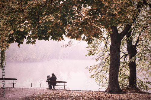 Man on bench in foggy autumn park