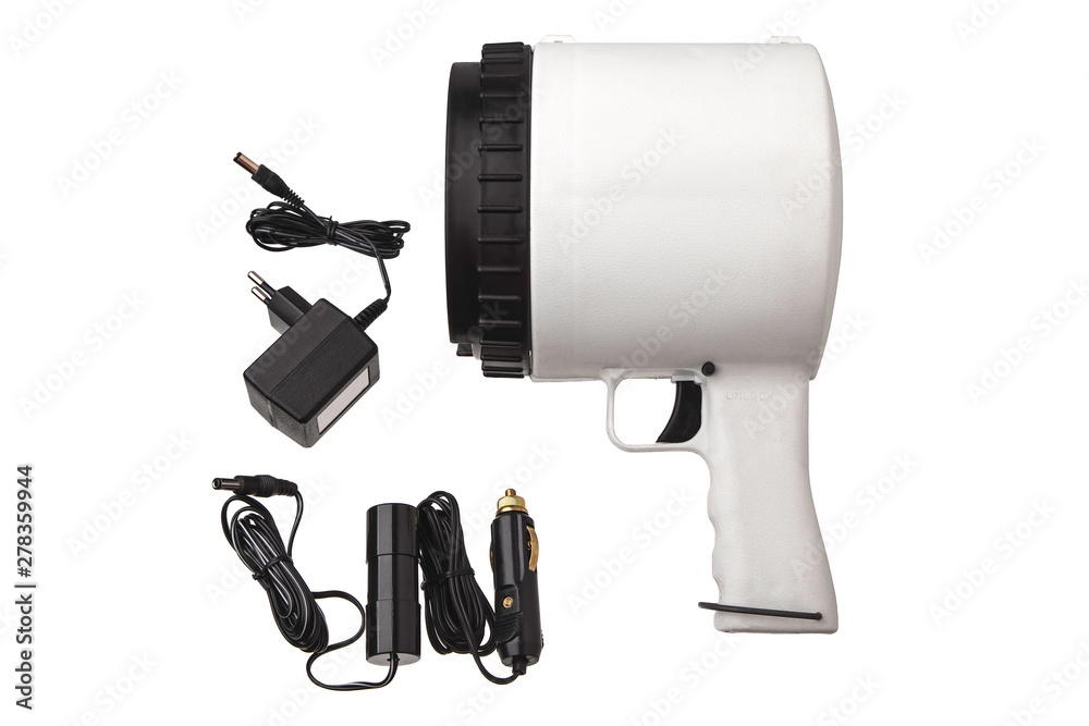 Flashlight with a large reflector close up on a white background. large hand-powerful lantern isolated on white background. Flashlight with a large reflector close up on a white background. large hand-powerful lantern isolated on white background.