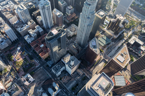 Late afternoon aerial of streets and buildings in downtown Los Angeles, California.   © trekandphoto