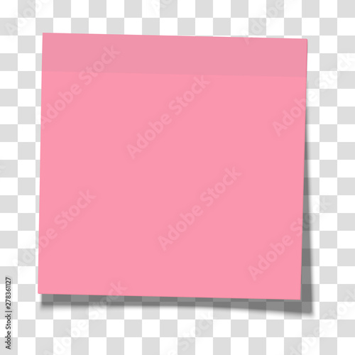 Rosy paper sticky note glued to the surface isolated on transparent background. Vector illustration.
