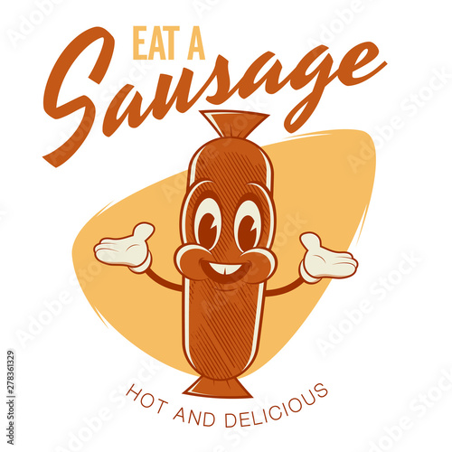 retro cartoon illustration of a happy sausage mascot