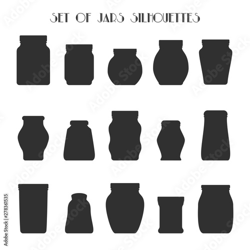 Vector illustration of isolated jars icons set. Silhouettes of 15 different mason or glass jars. Monochrome jars collection. Fully editable file for your projects.
