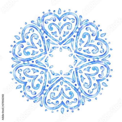 Hand drawn watercolor heart circle ornament, blue round pattern, vintage decorative illustration.