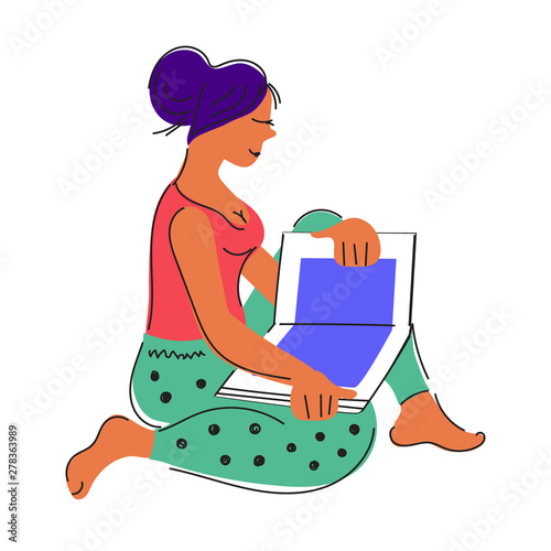 Woman sitting with a book and reading the symbol for Book Day. Book lovers or readers, the fan of literature doodle vector illustration isolated on white background.