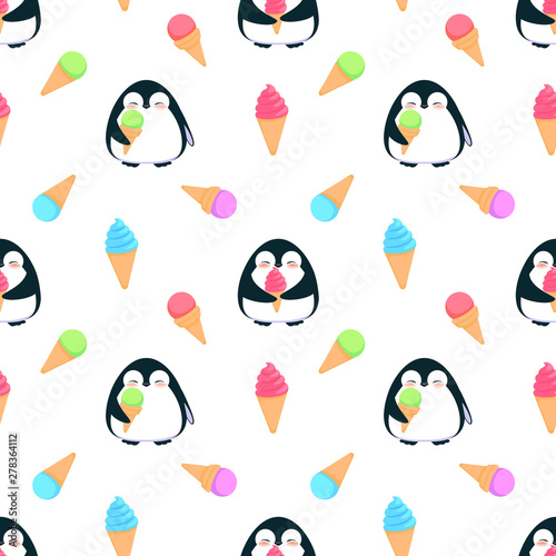 Penguin with ice cream seamless pattern, cartoon colorful vector illustration, isolated on background. 