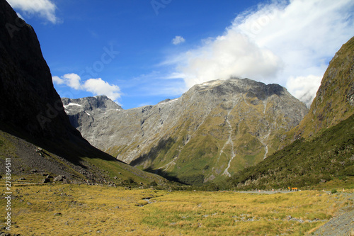 Deep mountain valley in the Southern Alps of New Zealand near the popular tourist destination of Milford Sound.